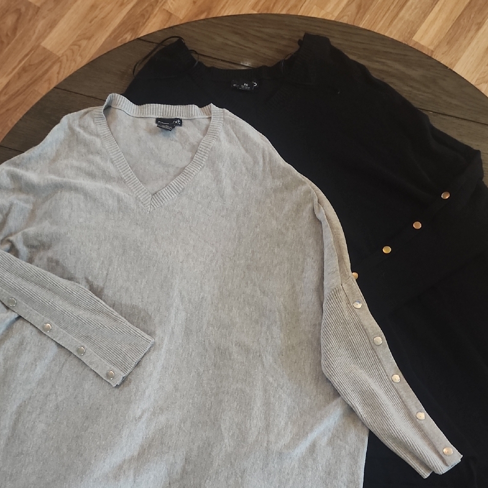 Womens Gray and Black V-Neck Sweater Set(2) With Button Sleeves